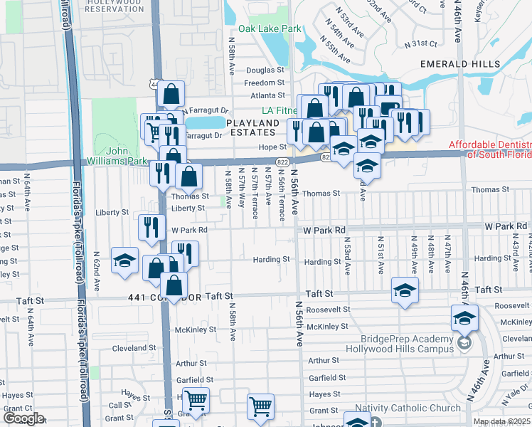 map of restaurants, bars, coffee shops, grocery stores, and more near 2180 North 57th Avenue in Hollywood