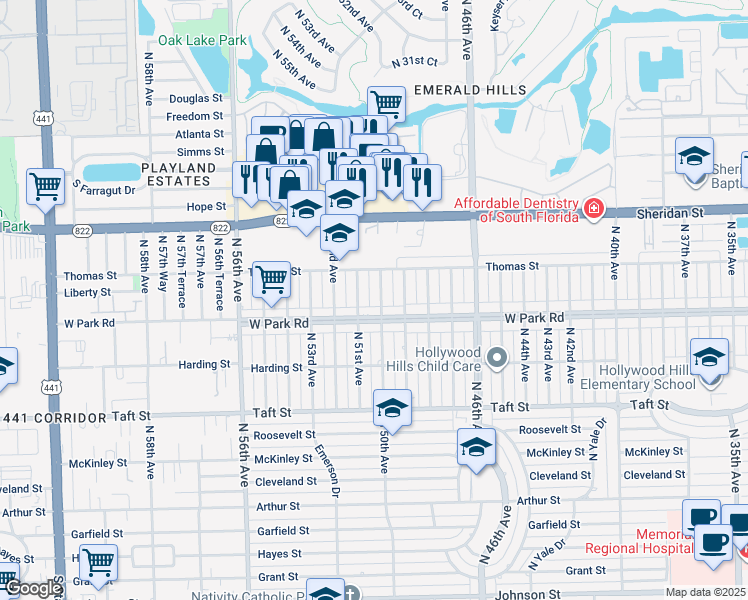 map of restaurants, bars, coffee shops, grocery stores, and more near 2110 North 50th Avenue in Hollywood