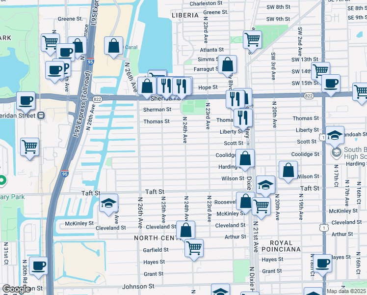 map of restaurants, bars, coffee shops, grocery stores, and more near 2402 Scott Street in Hollywood