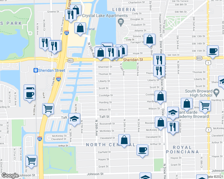 map of restaurants, bars, coffee shops, grocery stores, and more near 2442 Scott Street in Hollywood