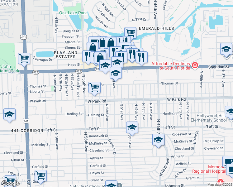 map of restaurants, bars, coffee shops, grocery stores, and more near 2111 North 52nd Avenue in Hollywood