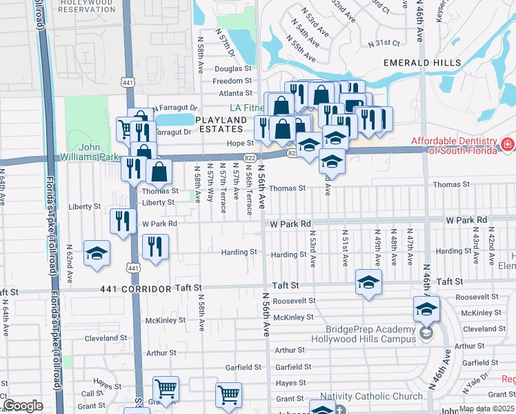 map of restaurants, bars, coffee shops, grocery stores, and more near 2180 North 56th Avenue in Hollywood