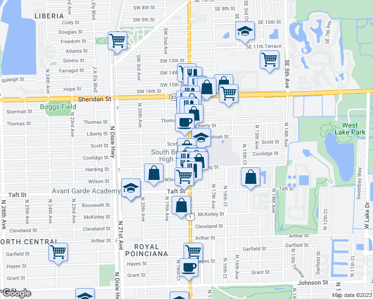map of restaurants, bars, coffee shops, grocery stores, and more near 2000 North Federal Highway in Hollywood
