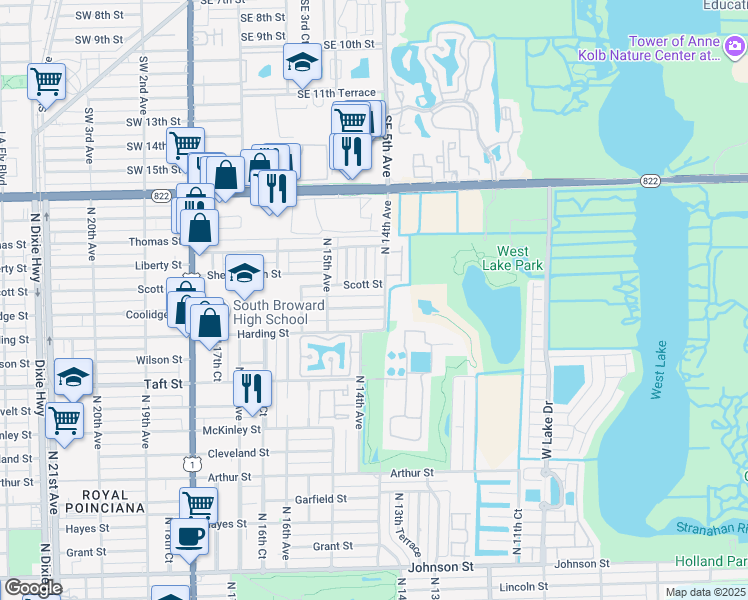 map of restaurants, bars, coffee shops, grocery stores, and more near 1419 Coolidge Street in Hollywood