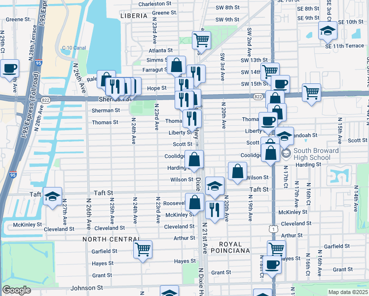 map of restaurants, bars, coffee shops, grocery stores, and more near 2124 Scott Street in Hollywood