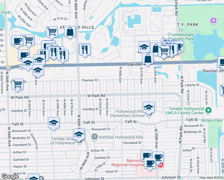 map of restaurants, bars, coffee shops, grocery stores, and more near 2110 North 41st Avenue in Hollywood