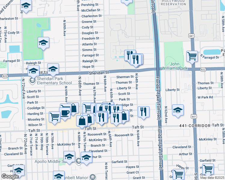 map of restaurants, bars, coffee shops, grocery stores, and more near 6570 Liberty Street in Hollywood