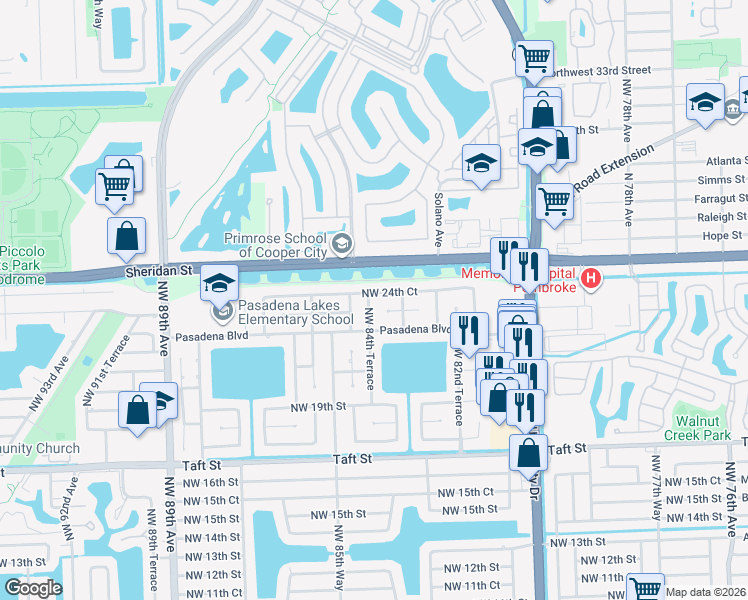 map of restaurants, bars, coffee shops, grocery stores, and more near 2320 Northwest 84th Terrace in Pembroke Pines