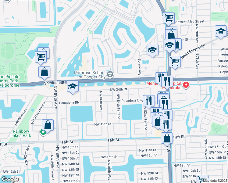 map of restaurants, bars, coffee shops, grocery stores, and more near 2320 Northwest 84th Terrace in Pembroke Pines