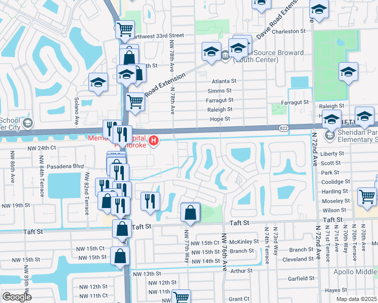 map of restaurants, bars, coffee shops, grocery stores, and more near 7780 Northwest 22nd Court in Pembroke Pines