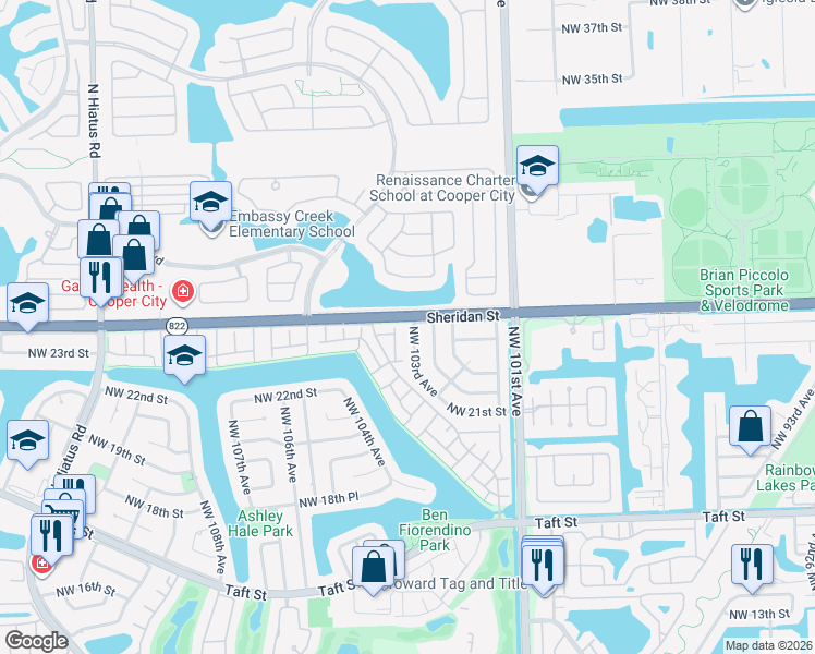 map of restaurants, bars, coffee shops, grocery stores, and more near 2430 Northwest 103rd Avenue in Pembroke Pines
