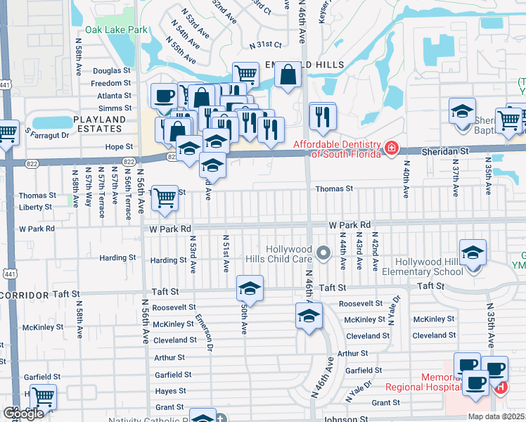map of restaurants, bars, coffee shops, grocery stores, and more near 2115 North 49th Avenue in Hollywood