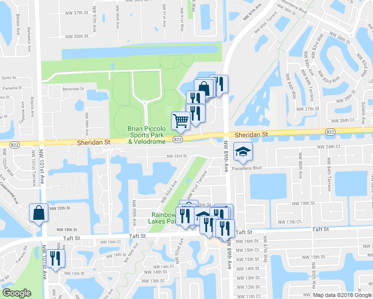 map of restaurants, bars, coffee shops, grocery stores, and more near 9306 Northwest 24th Place in Pembroke Pines