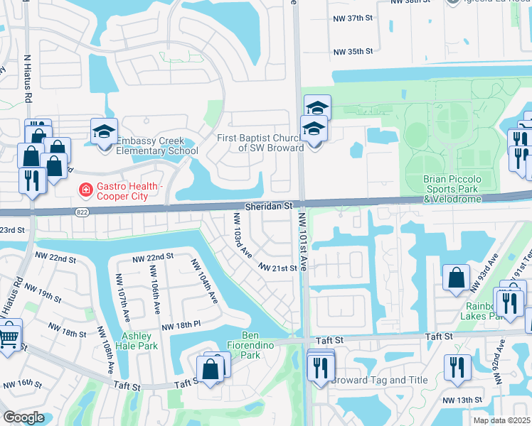 map of restaurants, bars, coffee shops, grocery stores, and more near 10230 Sheridan Street in Pembroke Pines