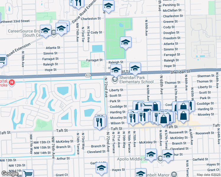 map of restaurants, bars, coffee shops, grocery stores, and more near 7171 Liberty Street in Hollywood