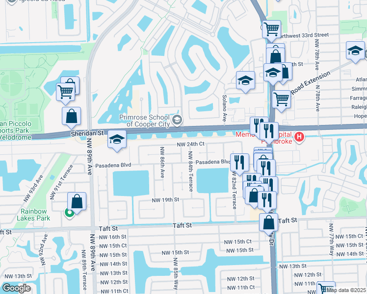 map of restaurants, bars, coffee shops, grocery stores, and more near 2320 Northwest 84th Terrace in Pembroke Pines