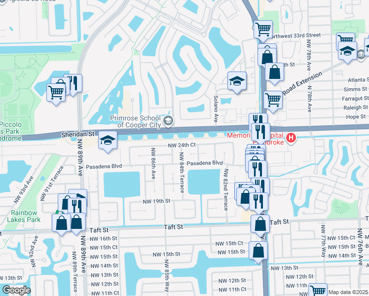 map of restaurants, bars, coffee shops, grocery stores, and more near 2320 Northwest 84th Terrace in Pembroke Pines