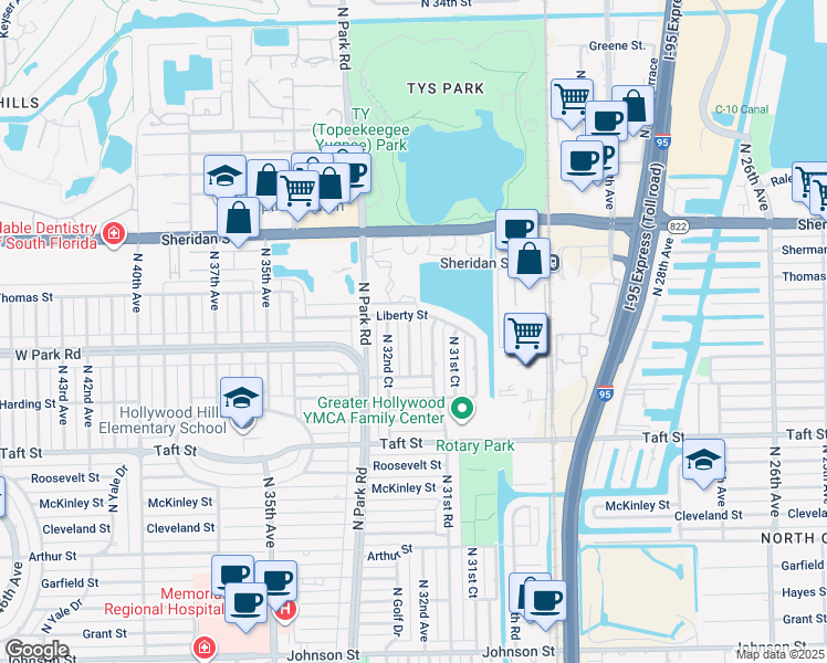 map of restaurants, bars, coffee shops, grocery stores, and more near 2113 North 32nd Avenue in Hollywood