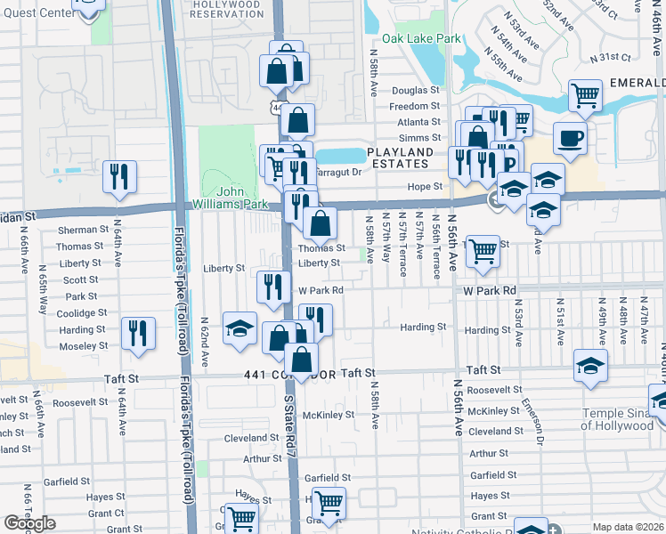 map of restaurants, bars, coffee shops, grocery stores, and more near 5910 Liberty Street in Hollywood