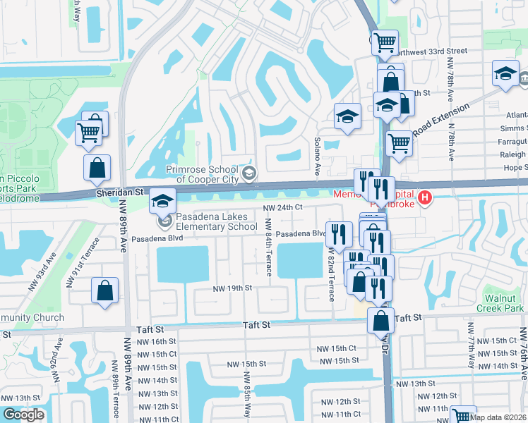 map of restaurants, bars, coffee shops, grocery stores, and more near 2320 Northwest 84th Terrace in Pembroke Pines