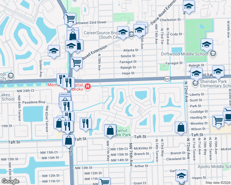 map of restaurants, bars, coffee shops, grocery stores, and more near 2280 Northwest 77th Terrace in Pembroke Pines