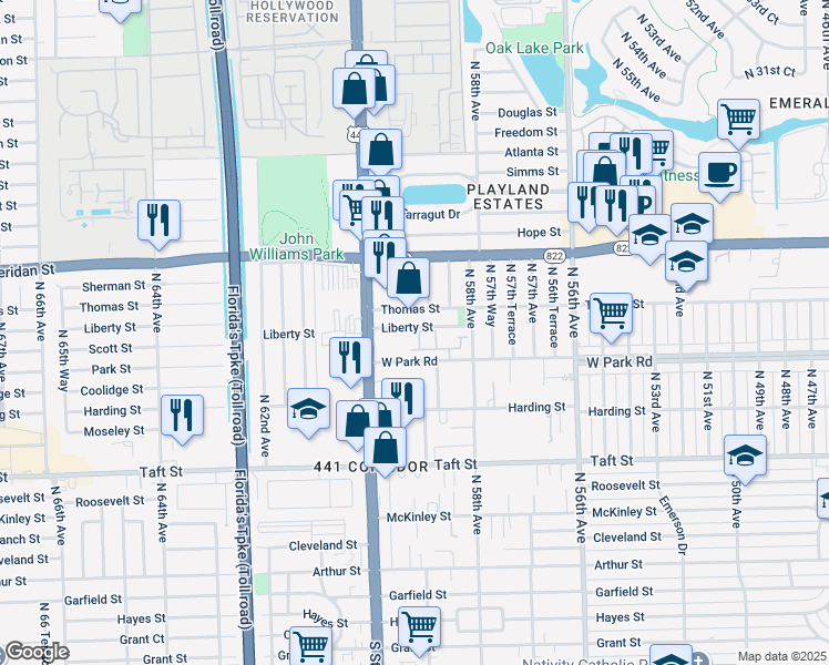 map of restaurants, bars, coffee shops, grocery stores, and more near 5910 Liberty Street in Hollywood