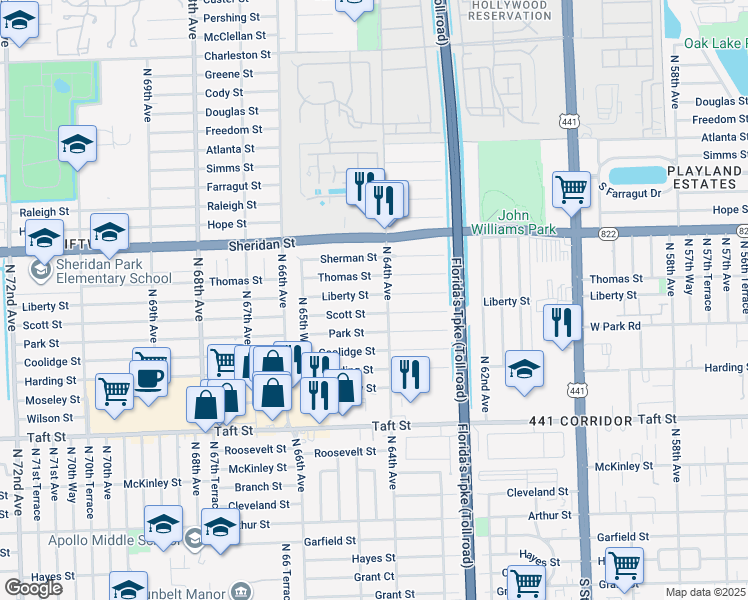map of restaurants, bars, coffee shops, grocery stores, and more near 6420 Liberty Street in Hollywood