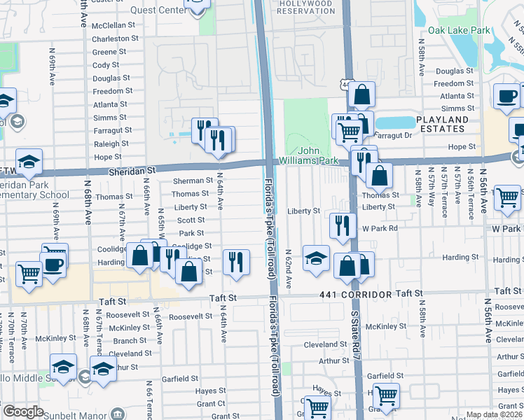 map of restaurants, bars, coffee shops, grocery stores, and more near 6270 Lee Street in Hollywood