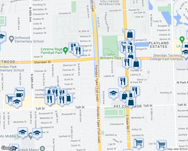 map of restaurants, bars, coffee shops, grocery stores, and more near 6270 Liberty Street in Hollywood