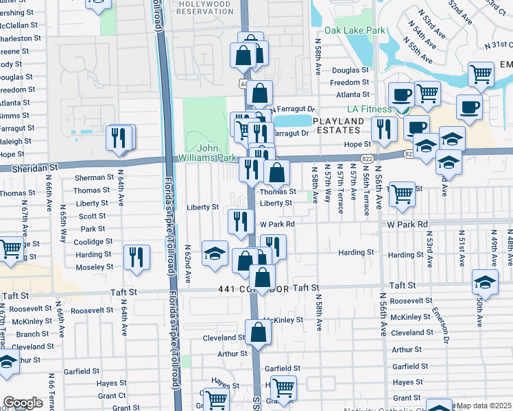 map of restaurants, bars, coffee shops, grocery stores, and more near 2141 North State Road 7 in Hollywood