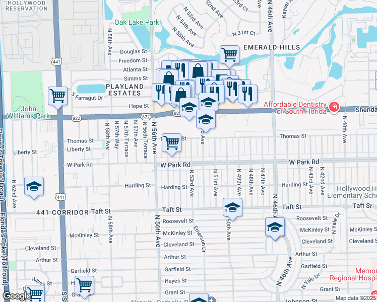 map of restaurants, bars, coffee shops, grocery stores, and more near 2120 North 53rd Avenue in Hollywood