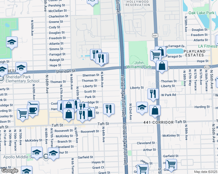map of restaurants, bars, coffee shops, grocery stores, and more near 6350 Liberty Street in Hollywood
