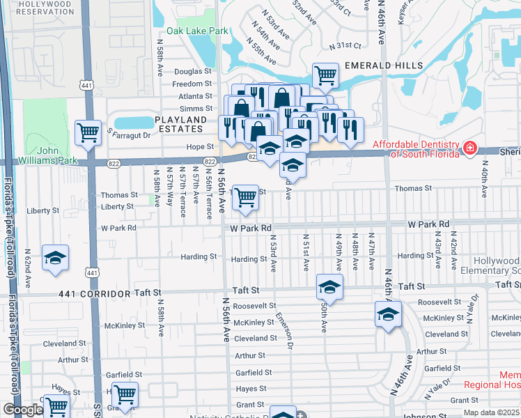 map of restaurants, bars, coffee shops, grocery stores, and more near 2120 North 53rd Avenue in Hollywood