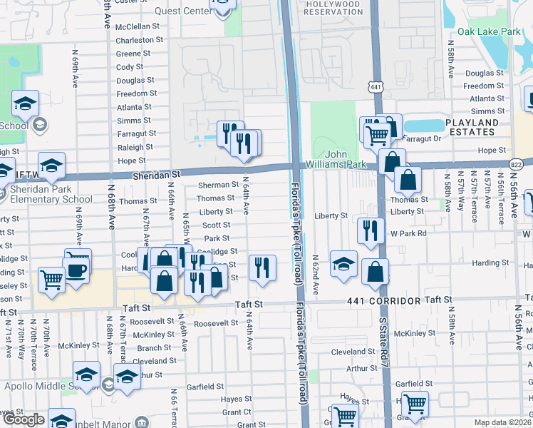 map of restaurants, bars, coffee shops, grocery stores, and more near 6350 Liberty Street in Hollywood
