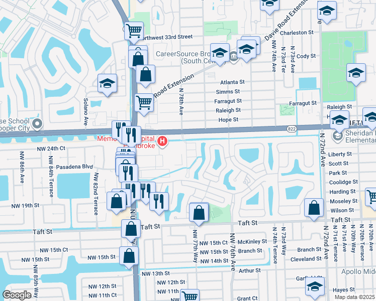 map of restaurants, bars, coffee shops, grocery stores, and more near 7780 Northwest 22nd Court in Pembroke Pines