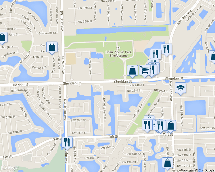 map of restaurants, bars, coffee shops, grocery stores, and more near 2331 Northwest 96th Terrace in Pembroke Pines