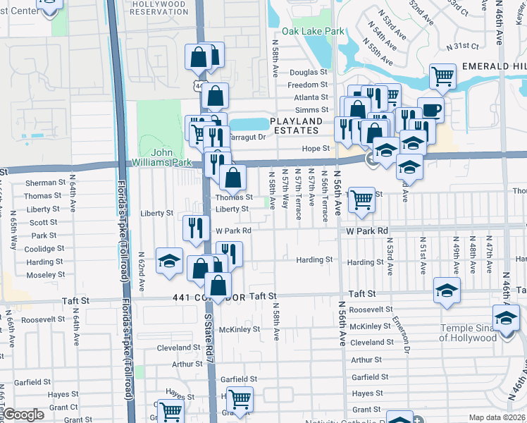 map of restaurants, bars, coffee shops, grocery stores, and more near 5813 Siena Lane in Hollywood