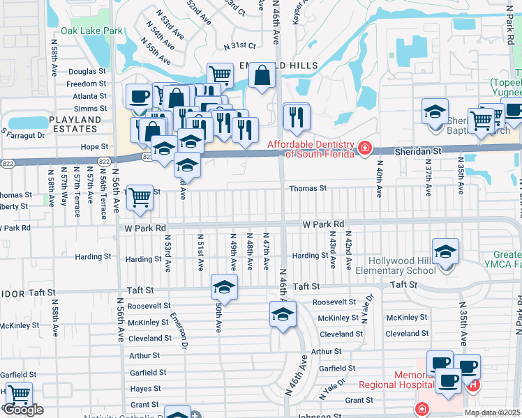 map of restaurants, bars, coffee shops, grocery stores, and more near 2120 North 47th Avenue in Hollywood