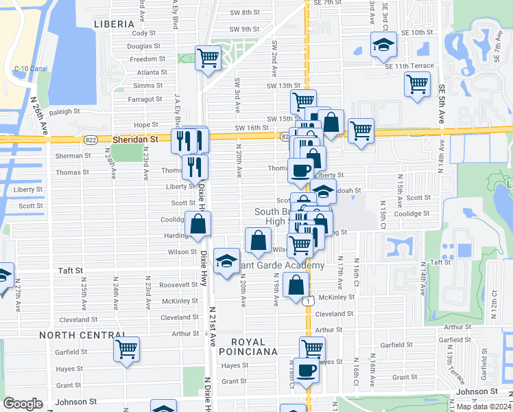 map of restaurants, bars, coffee shops, grocery stores, and more near 1930 Scott Street in Hollywood