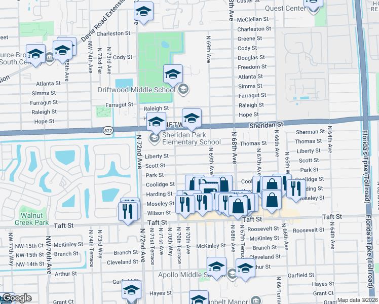 map of restaurants, bars, coffee shops, grocery stores, and more near 7011 Liberty Street in Hollywood
