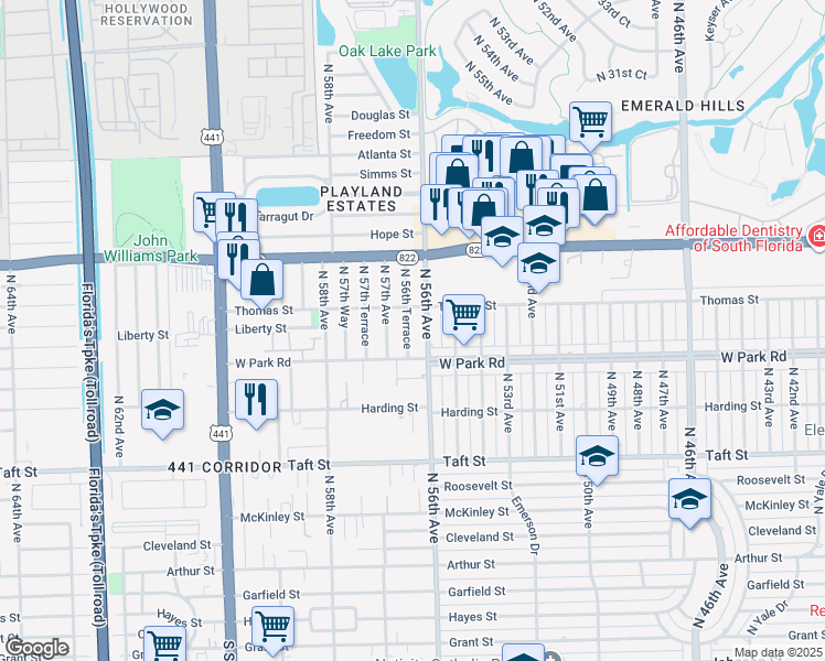 map of restaurants, bars, coffee shops, grocery stores, and more near 2180 North 56th Avenue in Hollywood