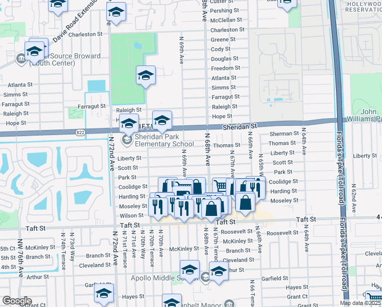 map of restaurants, bars, coffee shops, grocery stores, and more near 6871 Liberty Street in Hollywood