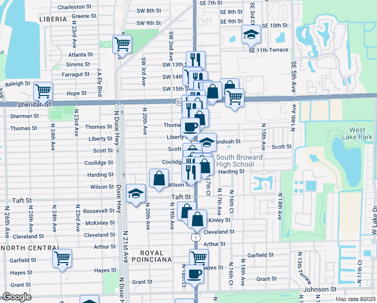 map of restaurants, bars, coffee shops, grocery stores, and more near 2000 North Federal Hwy in Hollywood