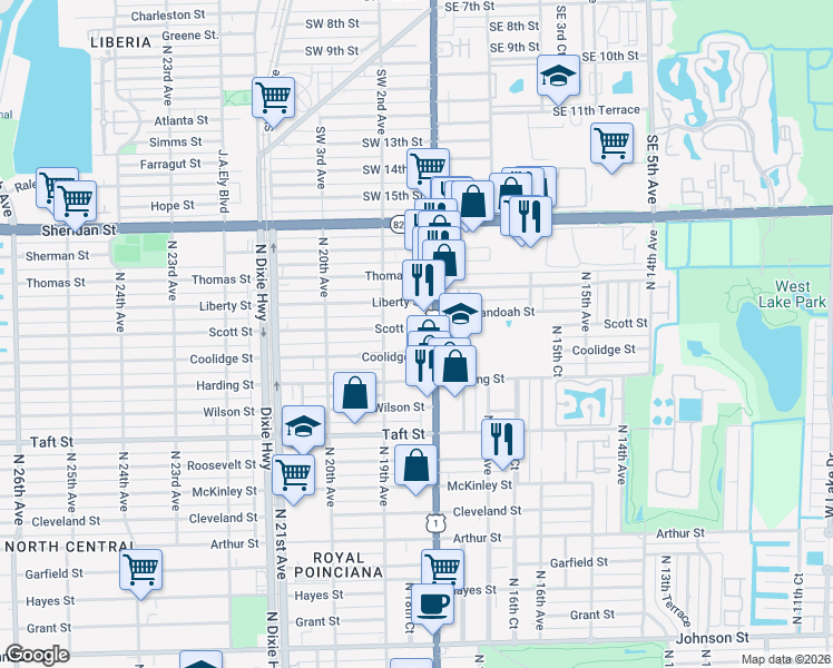 map of restaurants, bars, coffee shops, grocery stores, and more near 2000 North Federal Hwy in Hollywood