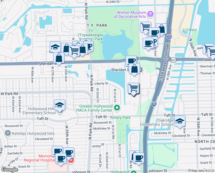 map of restaurants, bars, coffee shops, grocery stores, and more near 2113 North 32nd Avenue in Hollywood