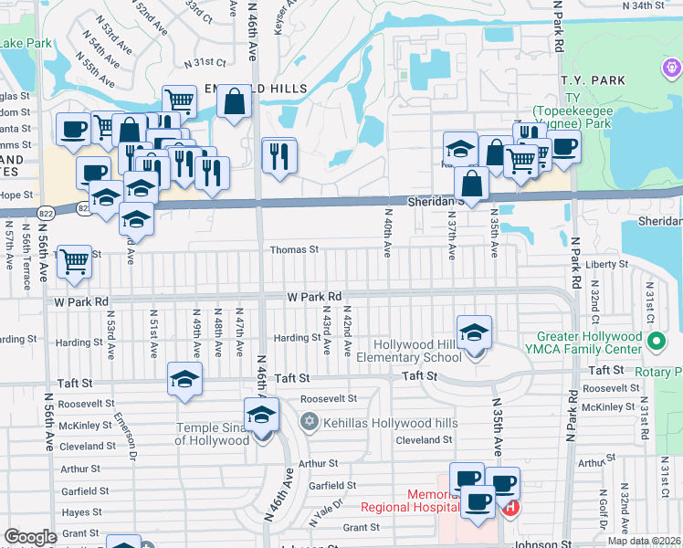 map of restaurants, bars, coffee shops, grocery stores, and more near 2100 North 43rd Avenue in Hollywood