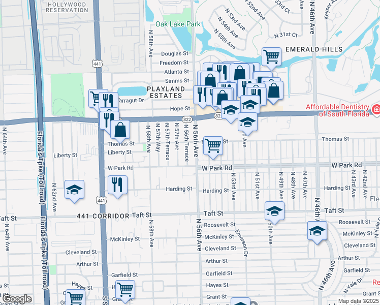 map of restaurants, bars, coffee shops, grocery stores, and more near 2180 North 56th Avenue in Hollywood