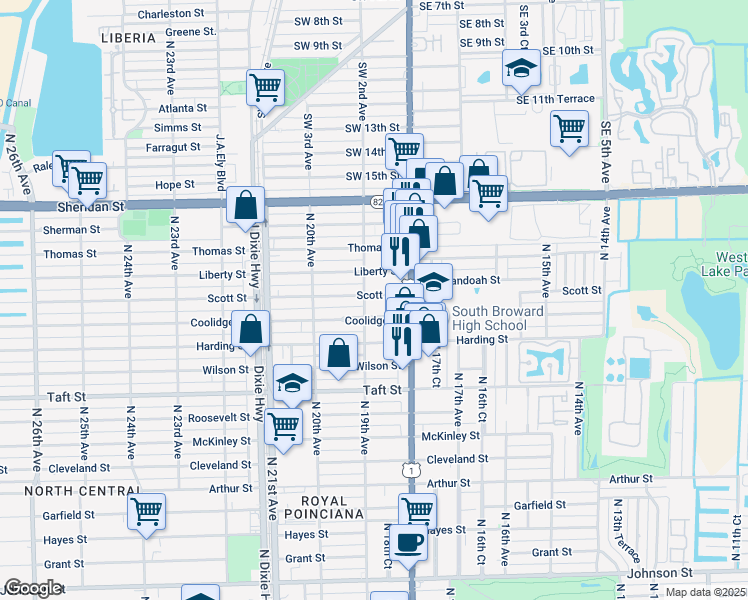 map of restaurants, bars, coffee shops, grocery stores, and more near 1832 Scott Street in Hollywood