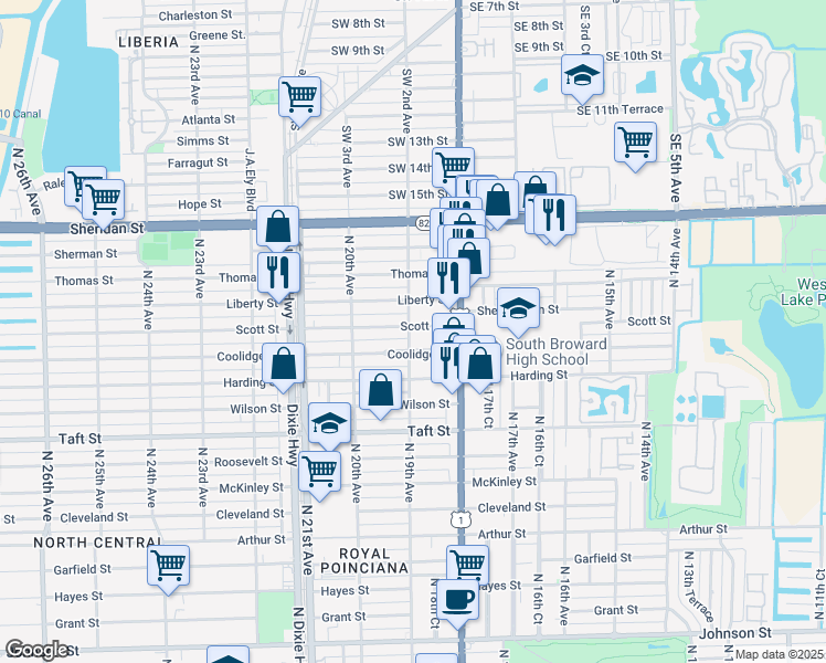 map of restaurants, bars, coffee shops, grocery stores, and more near 1832 Scott Street in Hollywood