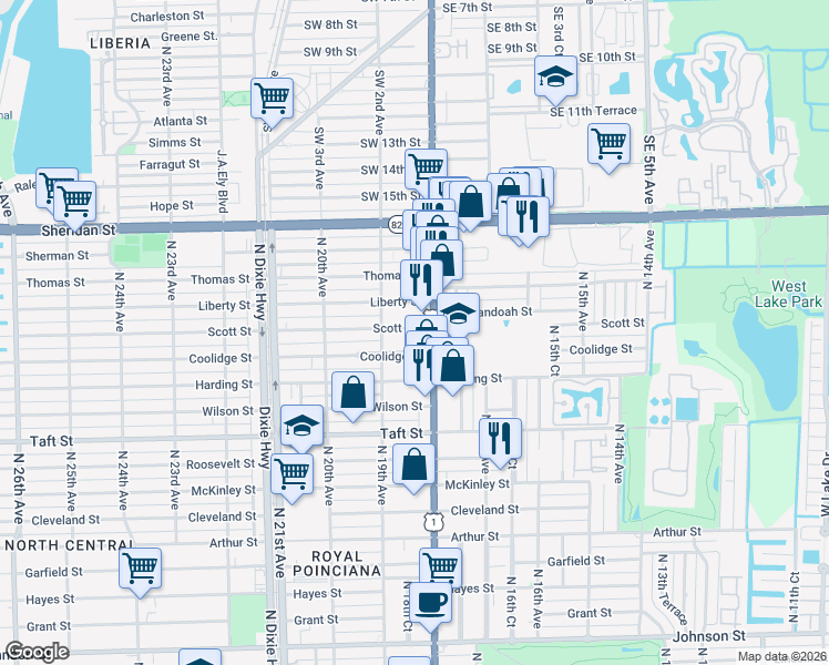 map of restaurants, bars, coffee shops, grocery stores, and more near 2000 North Federal Hwy in Hollywood